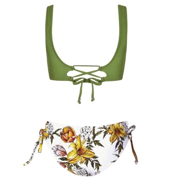 Cupshe Women XL 2 Piece Swimsuit Green Wrap Top Floral High Waist Bikini Lace Up - Picture 5 of 9